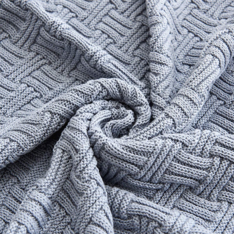 Longhui bedding Large Grey Blue Cotton Knit Throw Blanket for Couch Sofa Bed - Home Decorative Soft Cozy Sweater Woven Fall Cable Knitted Blankets - Blue Gray 3.4 pounds 60 x 80 Inch - Image 4